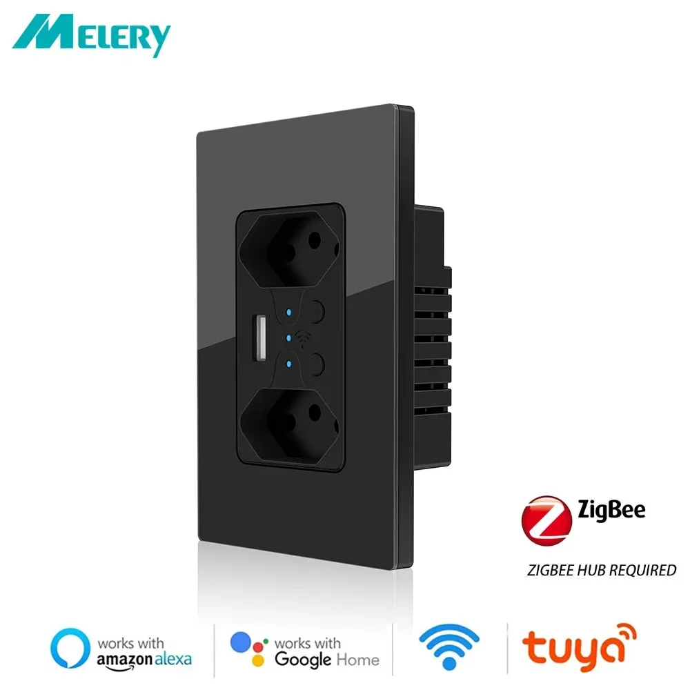 Melery Zigbee Tuya Smart Brazil 4*2Wall Socket Tomada USB Electrical Plug Outlet Glass Panel Remote Control by Alexa Google Home