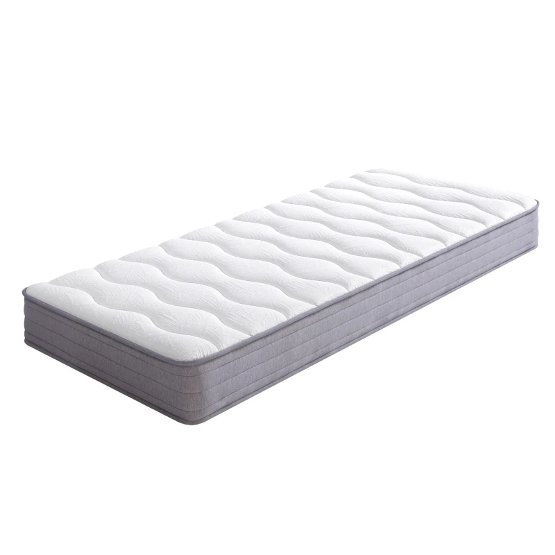 Matelas à ressorts ensachés 90 x 200 cm, épaisseur 20 cm, niveau de fermeté H3, structure ergonomique confortable, soulagement lombaire, matelas compact roulé, design épuré, adapté aux chambres familiales.
