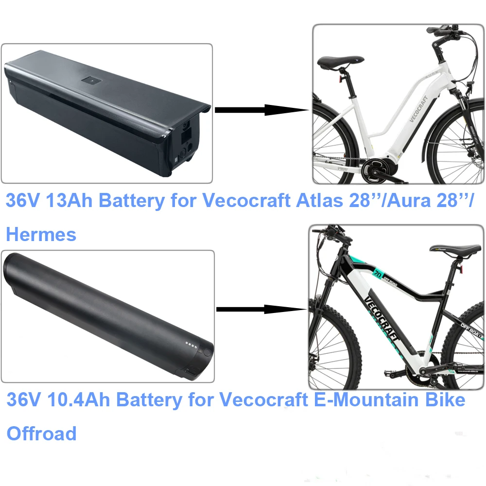 Vecocraft E-Trekking Bike Battery 36V 10.4Ah 13Ah E-Mountain Offroad Bike Battery Atlas Aura 28\'\' Hermes E-Bike