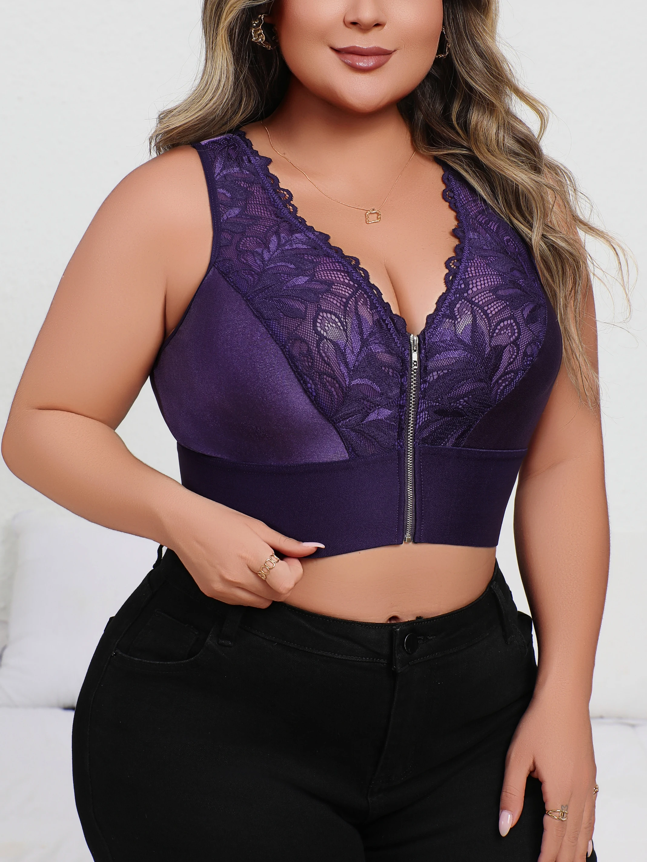 Nova chegada plus size sexy roxo bordado lingerie, sutiã push-up mergulho com zíper frontal