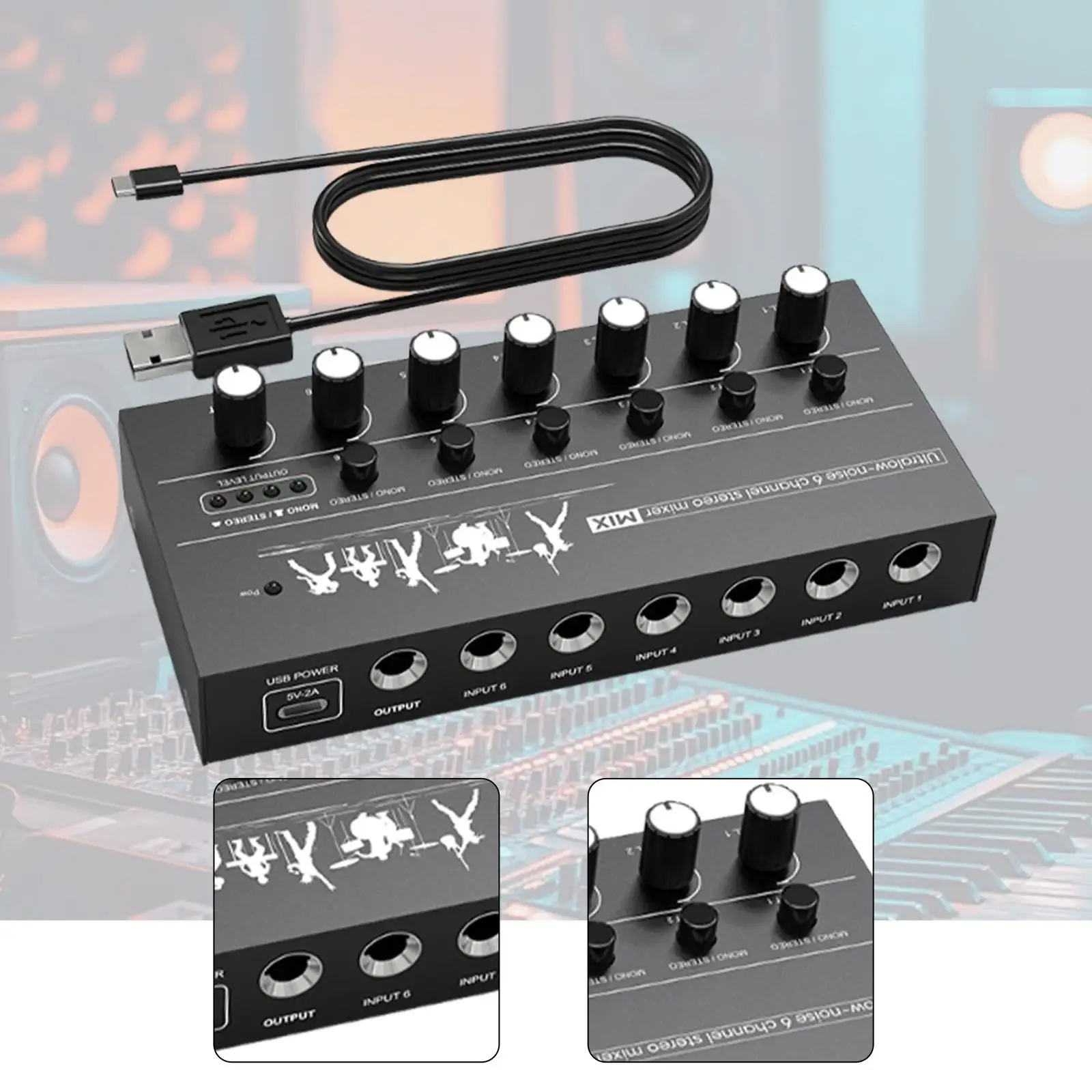 Line Mixer Professional Compact Portable DC5V Mini Audio Mixer Stereo/Mono TRS Output and Input for Bass PC Speaker Phone Club