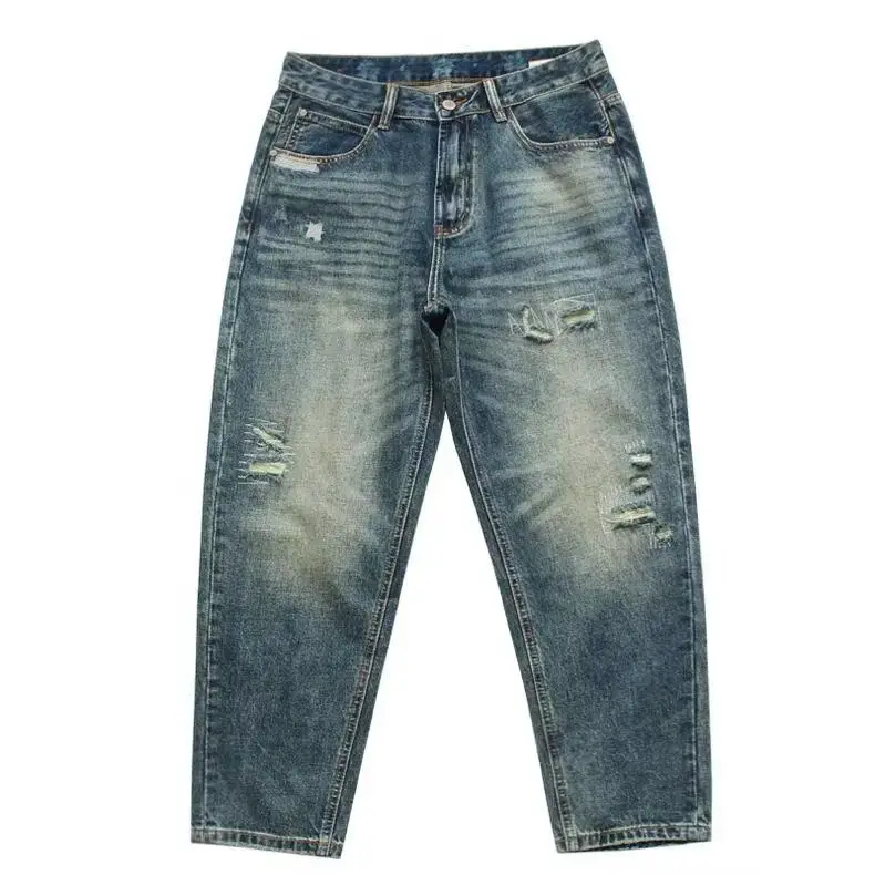 

Retro Washed Straight Leg Jeans Men's Heavyweight Spring Autumn Patch Work Casual Trendy Long Trousers mid Waist Zipper