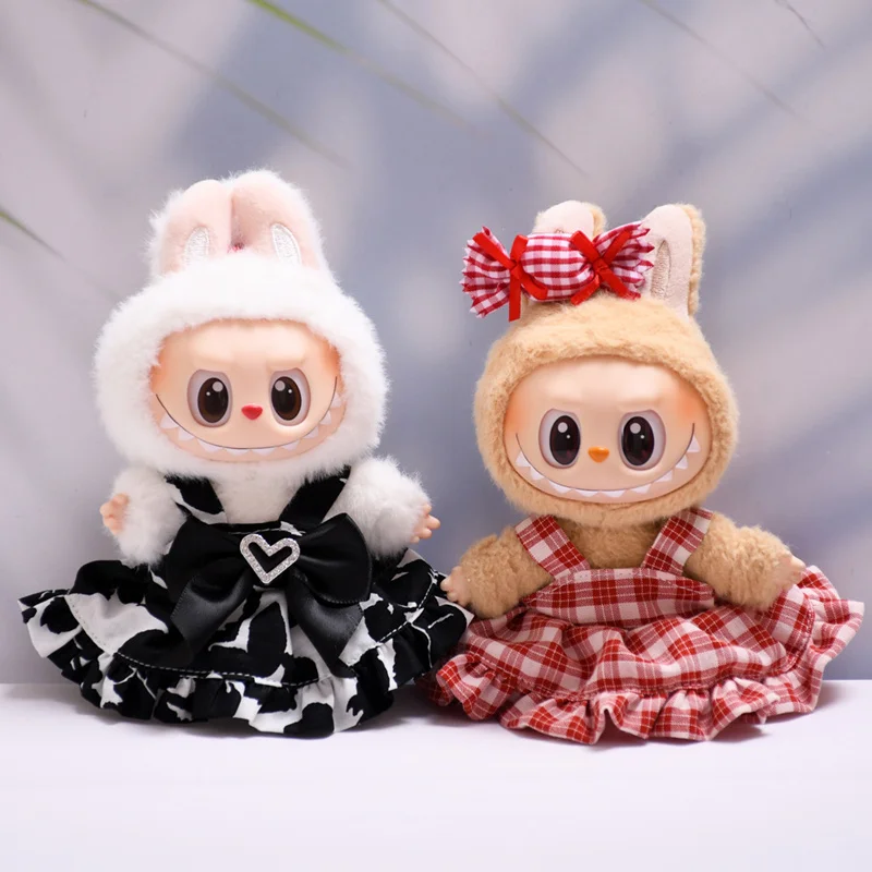 17cm Pendant Labubu Doll Dress Cute Labubu Doll Clothes Red Plaid Skirt Vest Packet Cartoon Doll Black Love Skirt Doll Costume