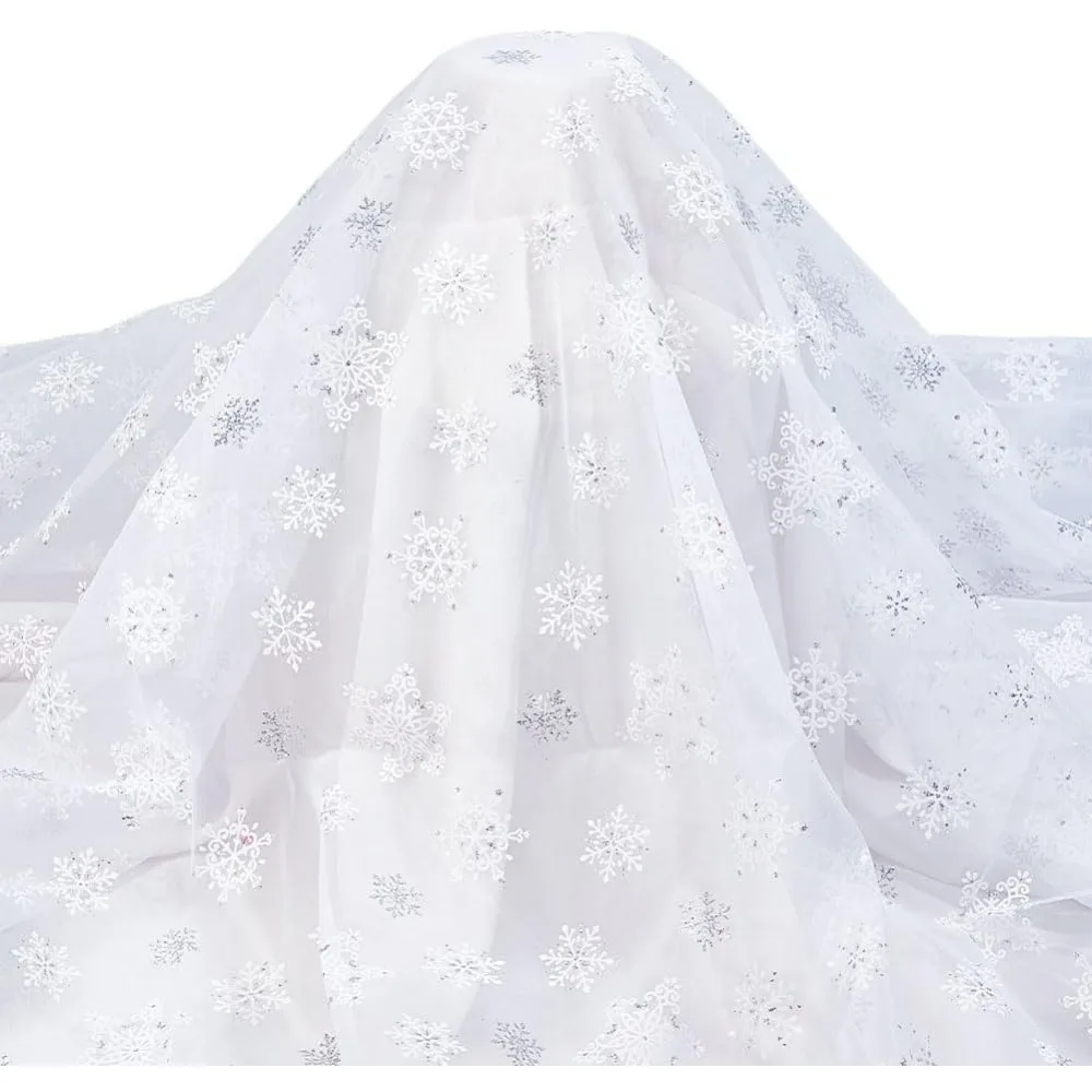 

2.2 Yard White Snowflake Tulle Fabric 59~63inch Sheer Organza Fabric with Velvet Snowflake Pattern for Decorations