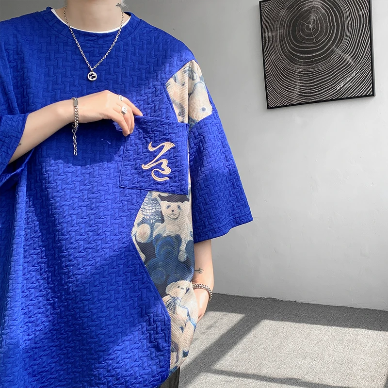 Patchworkowa koszulka w kontrastowym kolorze męska letnia modny Top koszulka Unisex koszulka Harajuku męskie koszulki z półrękawem niebieska biała czarna