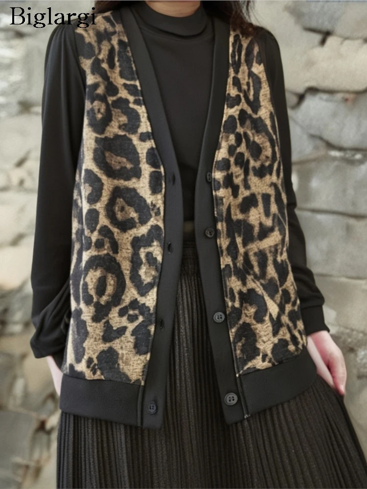 

Oversized Autumn Winter Sleeveless Vests Coat Women Leopard Print Fashion Ladies Jackets Casual Loose Woman Coats