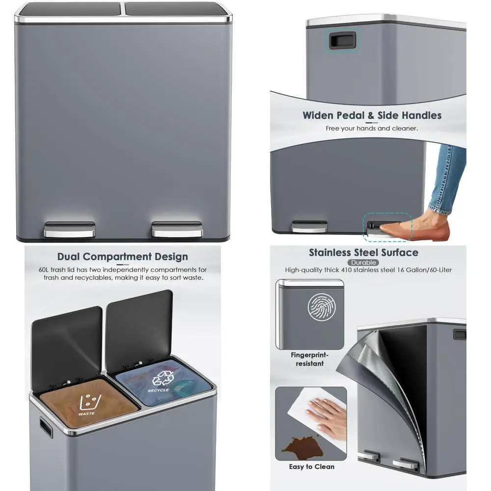 

Stainless Steel Dual Compartment Kitchen Trash Can - 60 Liters Capacity, Garbage and Recycling Bin