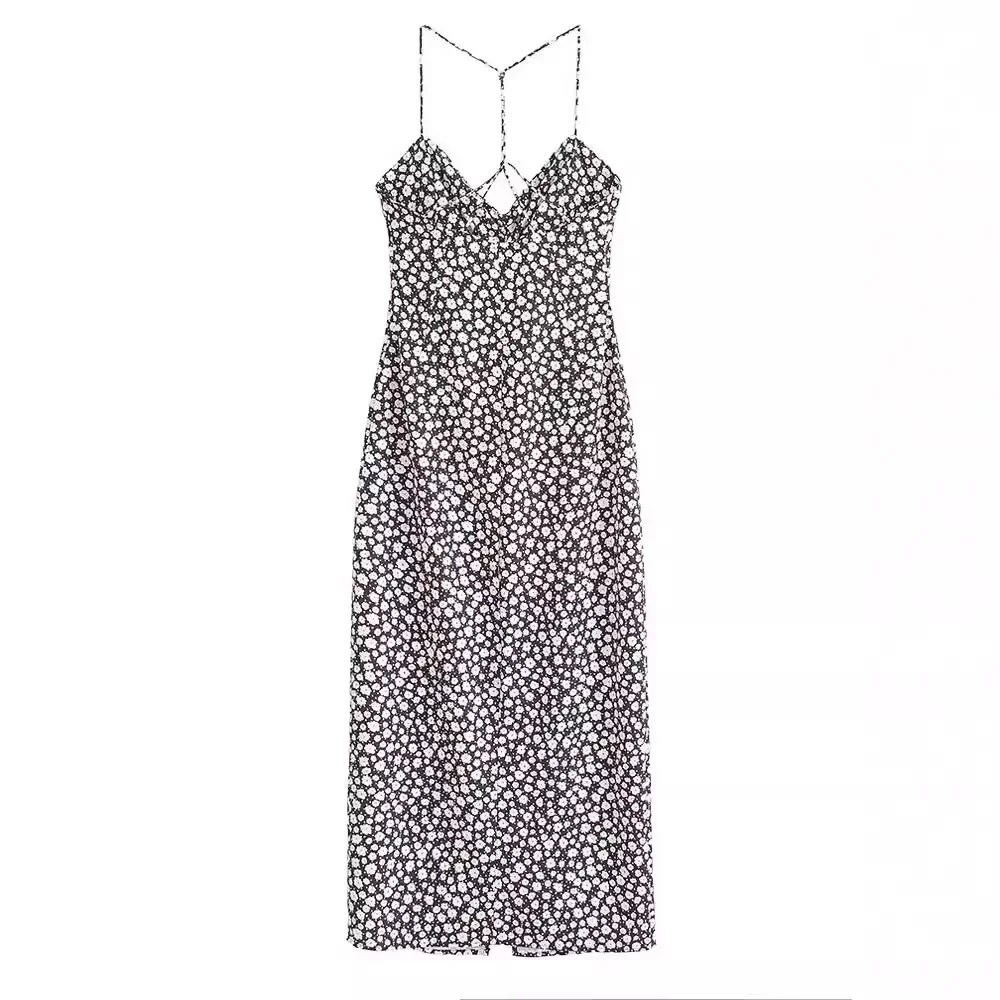 Damen Sweet Little Fresh Floral Neckholder Vintage Little Daisy Print Langes Kleid Sexy ärmellose trägerlose Kleider mit V-Ausschnitt