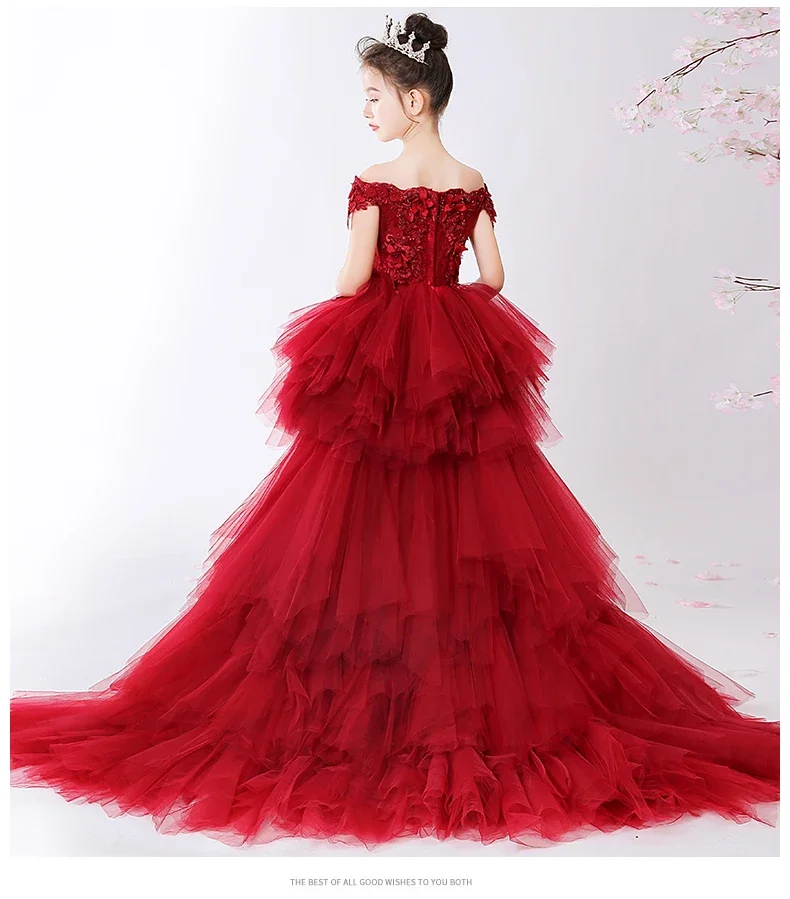 

Off Shoulder Red Lace Girl Wedding Party Flower Girl Dress Long Trailing Kids Princess Pageant Gowns Girl First Communion Gown