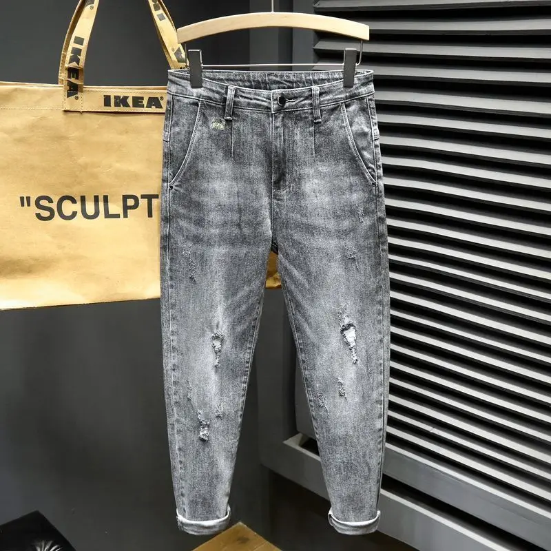 Jeans casual de luxo masculino, calça cowboy, jeans, calças harém elásticas, streetwear de namorado, primavera, outono, 2024