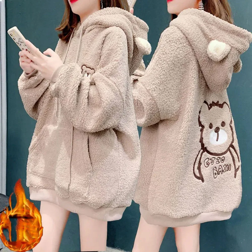 Autumn Winter Lamb Hoodies Women Kawaii Plush Sweatshirt Jacket Casual Warm Hooded Ear Female Cute Bear Print Sweatshirts Coats