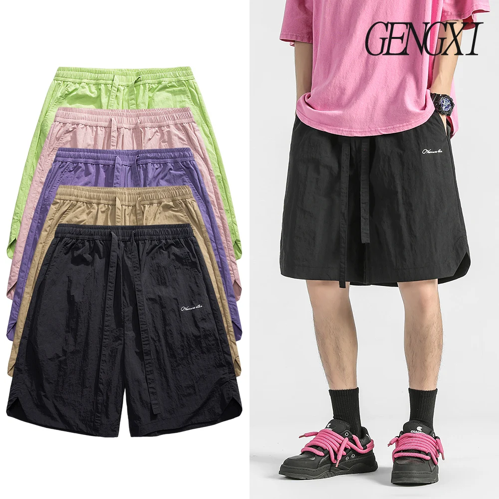 

Новые летние мужские шорты из ледяного шелка, быстросохнущие разноцветные шорты с буквенной вышивкой, спортивные прямые шорты для отдыха, пятиминутные