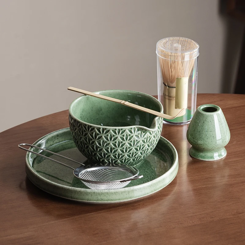 Japanese Matcha Set 2/5/6 Pieces - Green Pattern Tea Bowl, Bamboo Stirrer, Spoon & Filter - Traditional Japanese Tea Ceremony