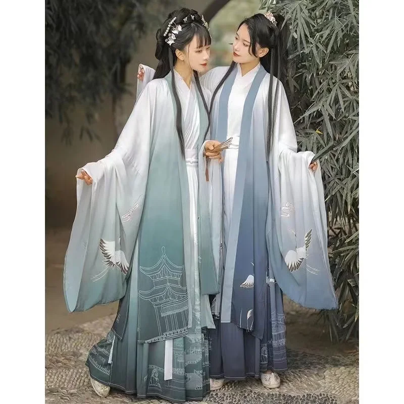 Vintage Damen Chinesisches Hanfu Kleid Set Weijin Periode Traditionelles Kostüm Nich Fashion Crane Tower Outfits Paare Kleidung