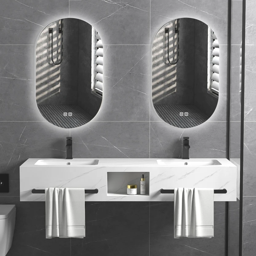 

jl-OEM New Modern Sintered Stone Bathroom Storage Cabinet Wall Mounted with Double Washbasin for Hotels&