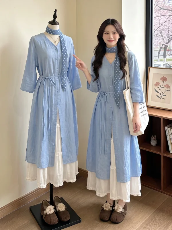 

Summer Fashion Women's Light Blue Shirt Skirt Set Large Size Two-Piece Ensemble Sweet And Salty Style Casual Commute Wear