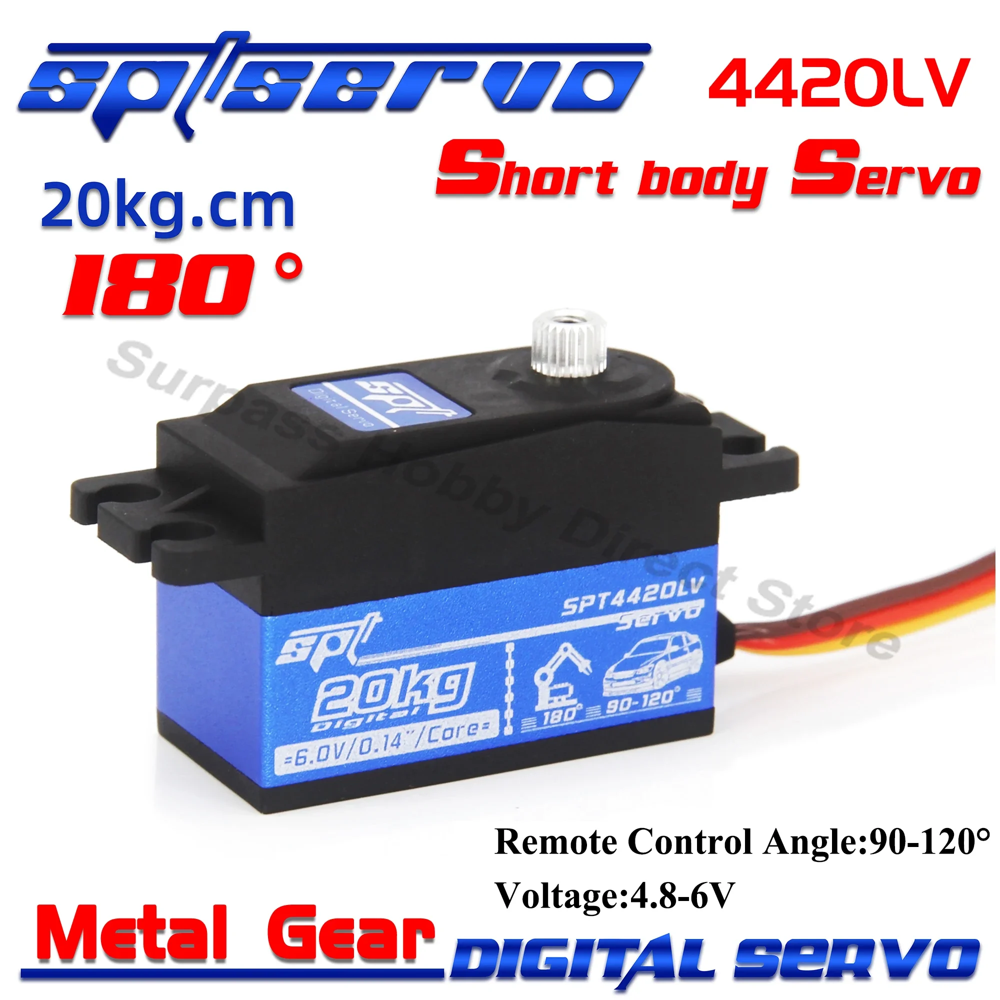 Spt 4420lv 20kg metal engrenagem corpo curto baixo perfil digital rc servo motor para 1/10 1/12 rc carro barco avião robô brinquedo scx10 trx4