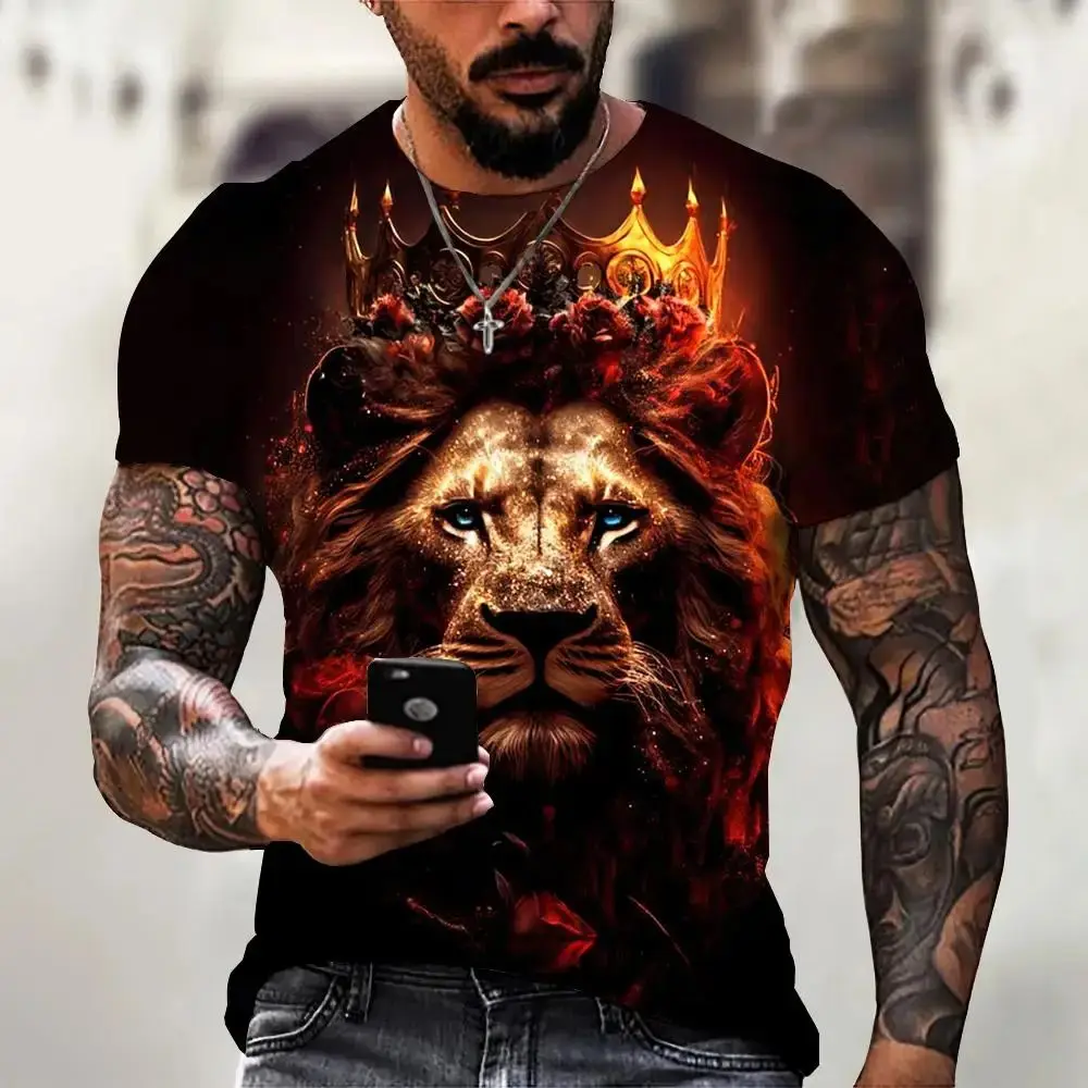 2024 Lion Print T-shirt 3D Animal Men\'s Shirt Summer Short sleeved men\'s casual pullover Oversized Top T-shirt Men\'s S-6XL