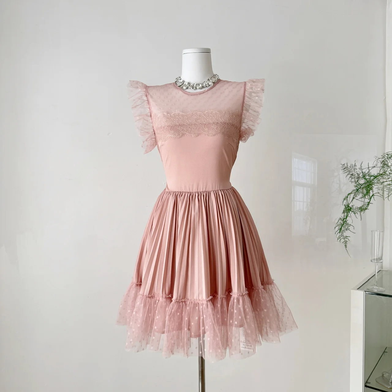 

Slimming Lace Splice Summer Dr Women's Round Neck A-Line Ort Dr Floral Holiday Skirt Polyester Fiber Casual Wear