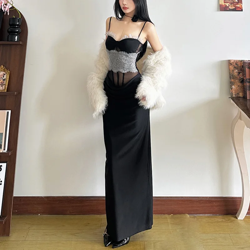Sexy Women Black White Lace Patchwork Long Dress Slash Neck Sheer Mesh Waist Strap Slip Dress Sleeveless Bodycon Party Dress