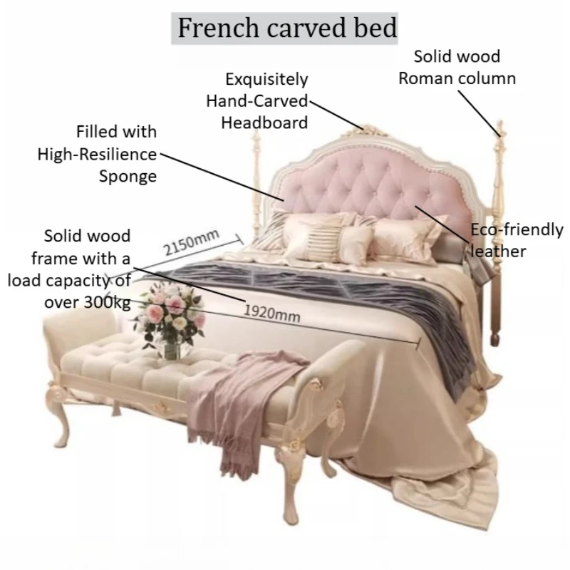 Eco-friendly Leather Double Bed Decor Aesthetic Bed 2 People Full Size Frame Bedside Table With Drawers Hotel Bedroom Furniture