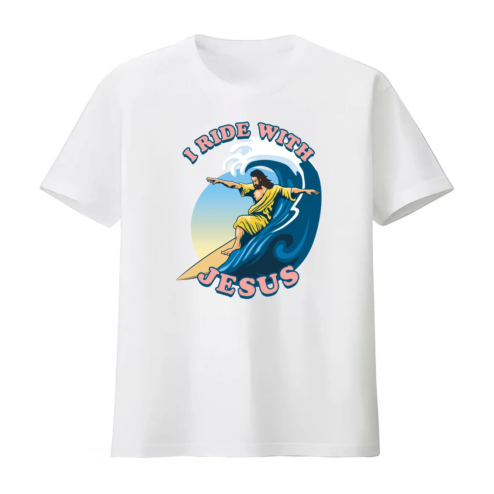 I Ride With Jesus | Surfing Jesus T-Shirt Summer Casual Cotton Tee Oversized Streetwear Tops Vintage Graphic Print