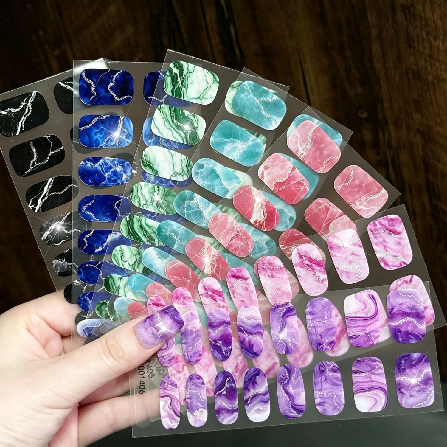 16tips/pc Blue Pink Green Black Ink Smoke Marble Full Wrap Nail Stickers Gradient Glitter Self Adhesive Nail Decals DIY Manicure