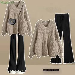 2023 Autumn Winter New Women Mathcing Sets Korean Lady Casual Sweater Black Pants Suits V-Neck Knitted Tops Trousers Outfits