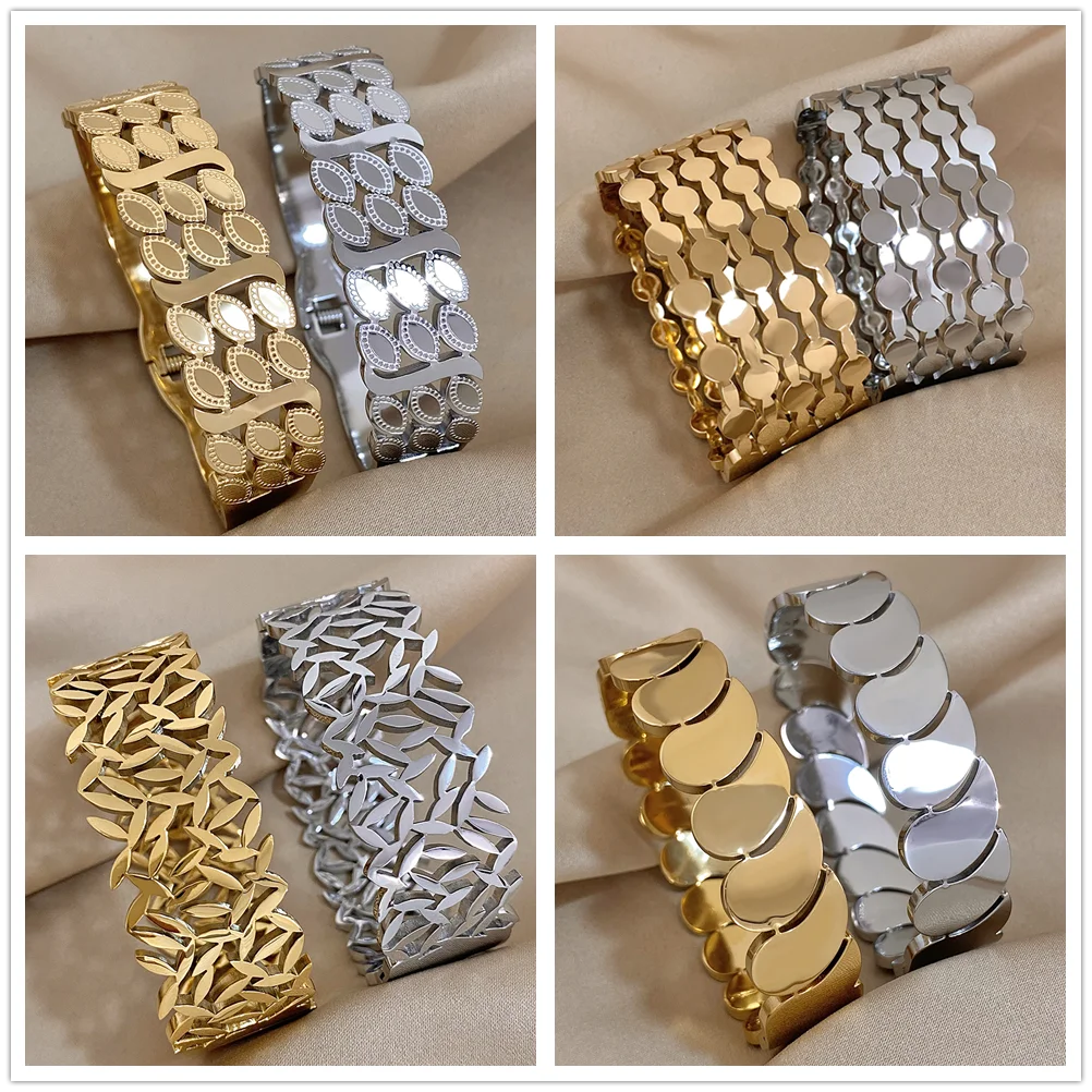 Aensoa 1pc Vintage Wasser tropfen Blätter geschichtet Edelstahl breiten Armband Armreif für Frauen Gold Farbe geometrischen hohlen Schmuck