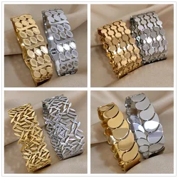 AENSOA 1PC Vintage Waterdrop Leaves Layered Stainless Steel Wide Bracelet Bangle for Women Gold Color Geometric Hollow Jewelry