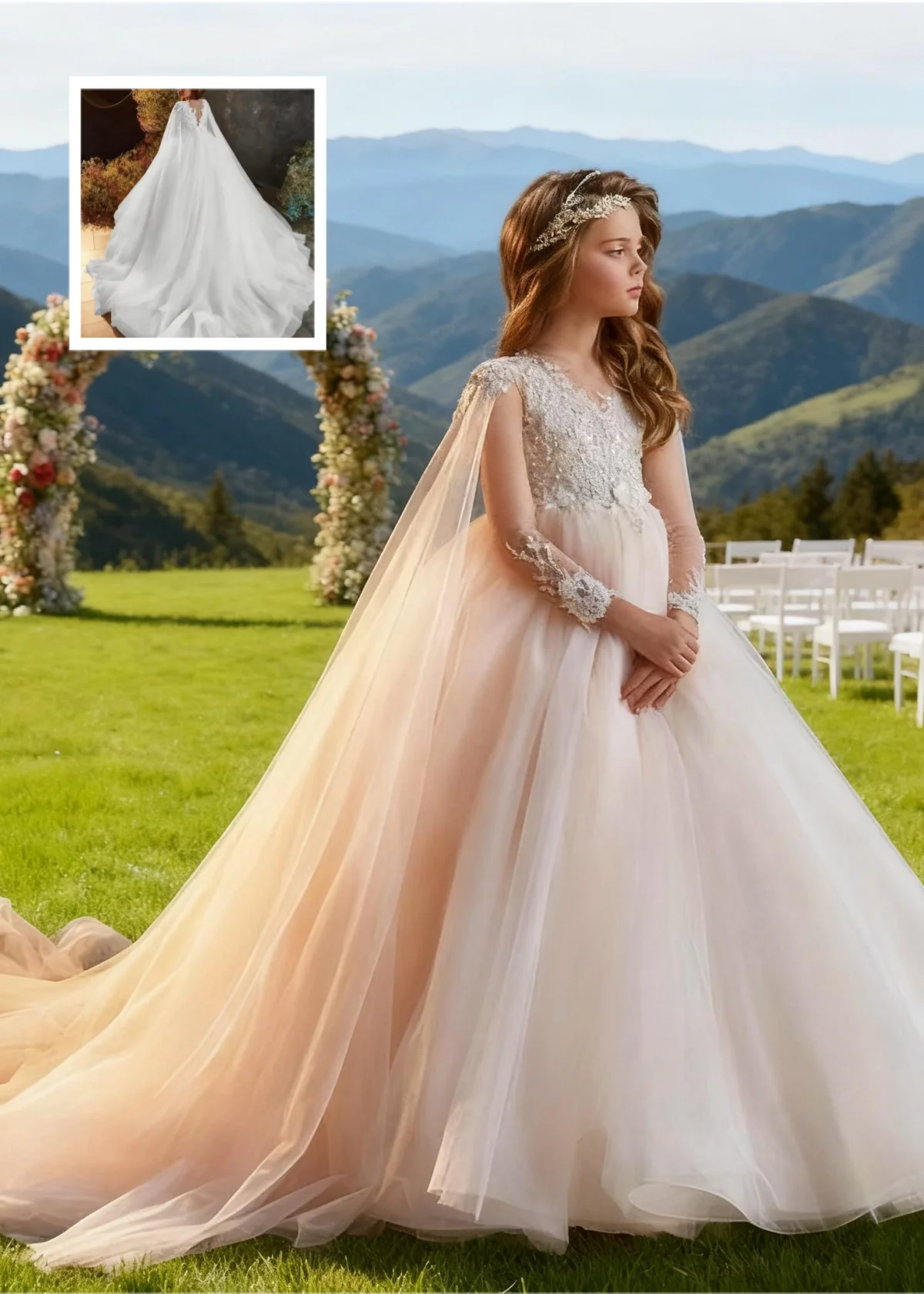 Elegant White Flower Girl Dress First Communion Dress Lace Print Princess Wedding Party Children's Birthday Dress