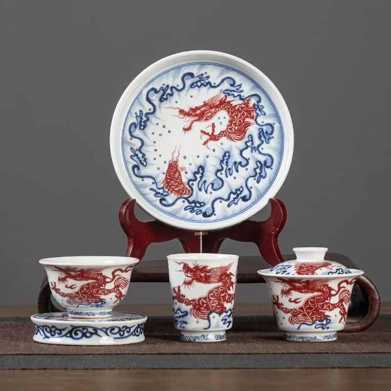 High Quality Blue and White Porcelain Glazed Red Fish Gaiwan Tea Cup 5 Pieces Suit Household Kung Fu Brewing Bowl Set