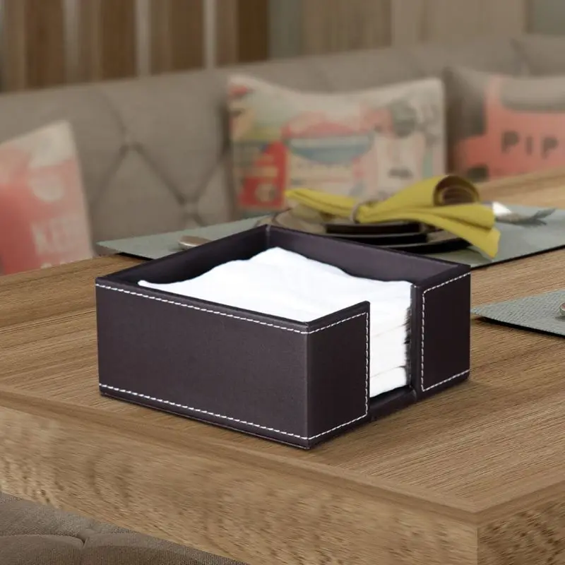 PU Leather Square Cocktail Napkin Holder Tissue Box Paper Serviette Dispenser Ba 87HA