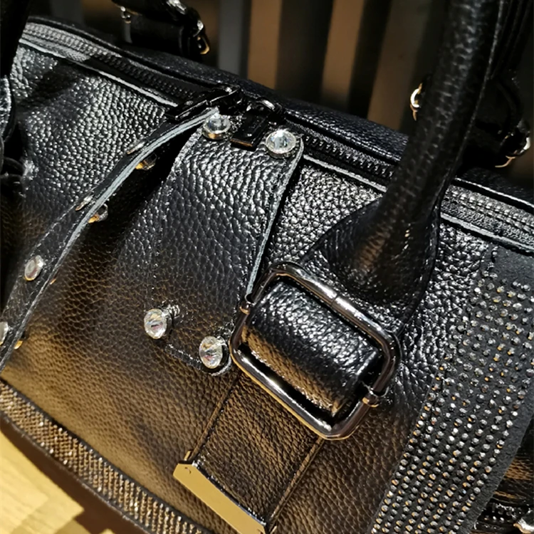 Female Fashion Vegan Leather Glitter Shiny Rhinestone Medium Size Boston Bag Short Handles Work Commuter Daily Side Shoulder Bag