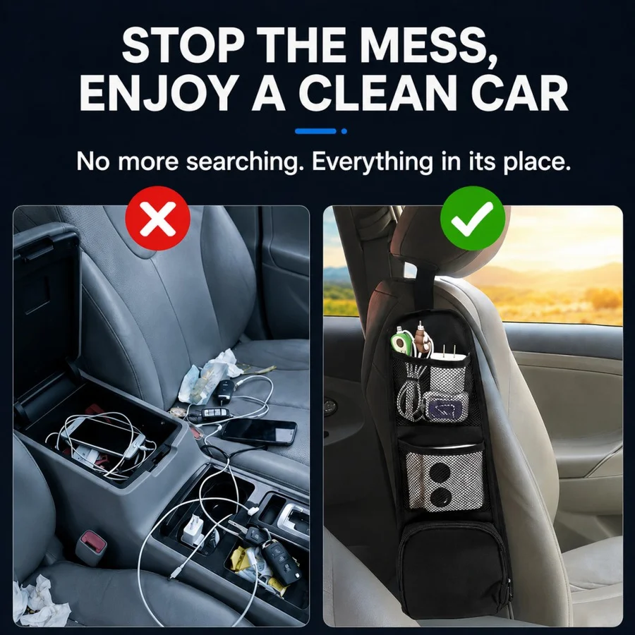 Car Seat Side Hanging Storage Organizer Bag with Mesh Pockets, Seat Side Organizer Zipper Compartment and Elastic Straps