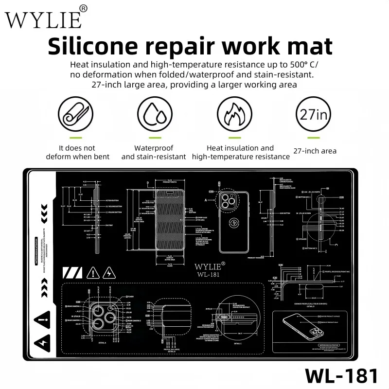 

WYLIE WL-181 27 дюймов Многофункциональное обслуживание Термостойкий силикон Водонепроницаемый и устойчивый к пятнам Ремонтная подушечка для электроники