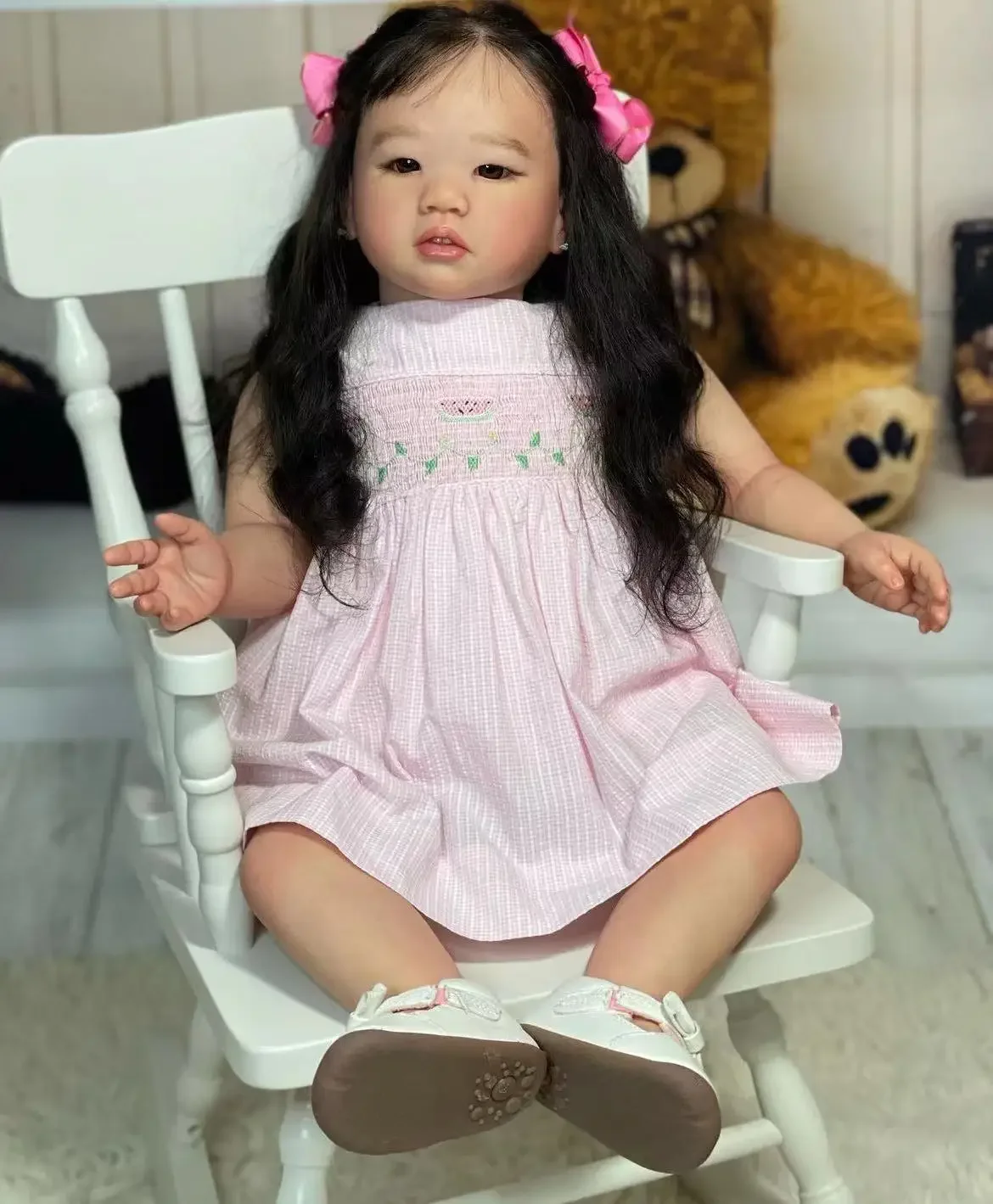 SINO-BB Customized Limited Supply 28inch Reborn Baby Doll Amaya With Hand-Rooted Long Black Hair  Different Dress Christmas GIft