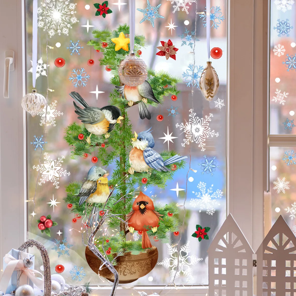 2pcs  Snowflake Christmas Tree Birds Christmas Wall Stickers Electrostatic Glass Stickers Window Home Decoration Wall Sticker
