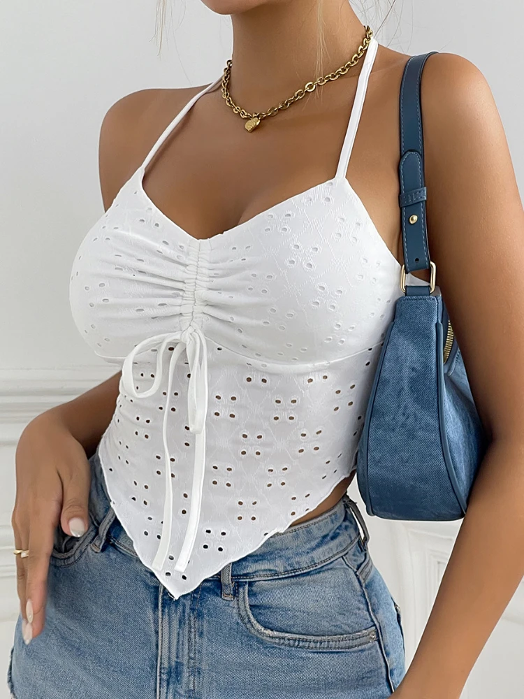 Hot Girls’ Trendy Halterneck Strappy Vests Korean Fashion Sexy Tank Tops Casual Holiday Beach Blouse Strapped Slim Chemise 2024