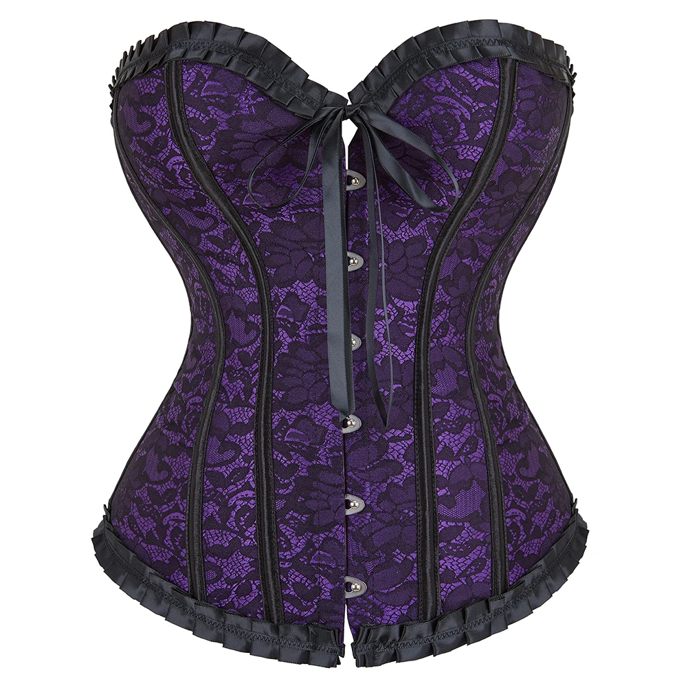 Lavender Overbust Korset Slimming Body Shaper Daily Wear Costumes Outfit Ruffled Lace Up Boned Corset Bustier 898#