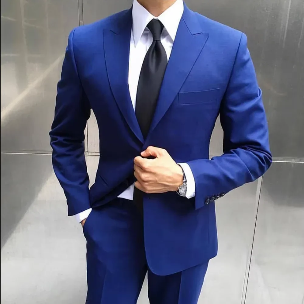 

Men's Suits Groom Royal Blue Costume Blazer Single Breasted Peaked Lapel Two Piece Elegant Regular Prom Jacket Pants Slim Fit