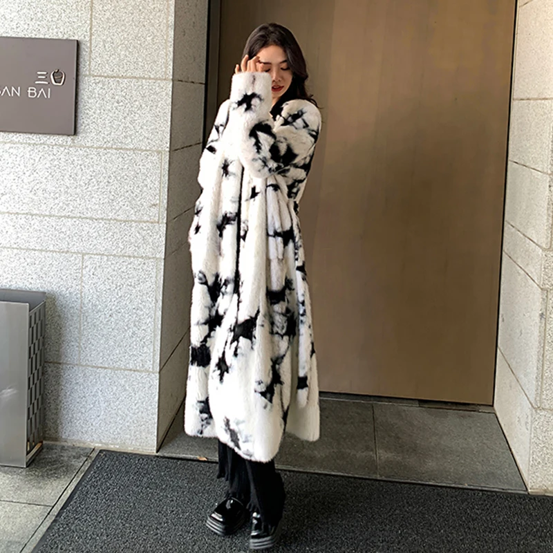 Ftangaiur Winter Women Import Velvet Mink Fur Coat With Fur Hood Bandhnu Print Mink Coats Women's X-Long Real Mink Fur Coats