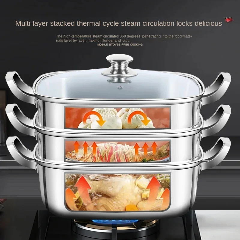 Square Steamer Household 316 Stainless Steel Thickened Double-Layer Three-Layer Steamer Tray Multifunctional Gas Electromagnetic