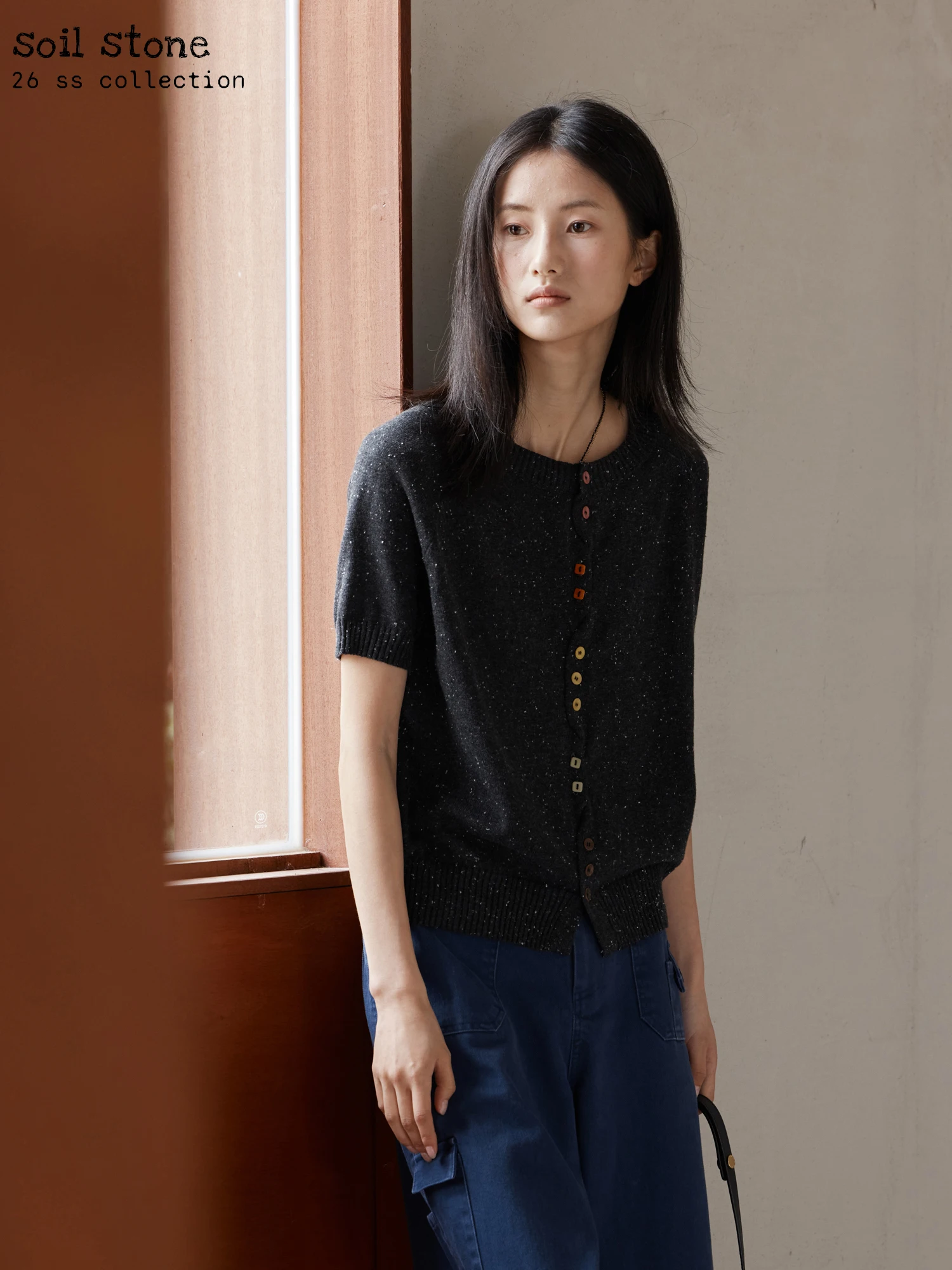 

Dopne ey Dot Knitted ort Sve round Ne Top Irregular Button Casual Soft Cotton Blend Spring Faion Women's Knitwear