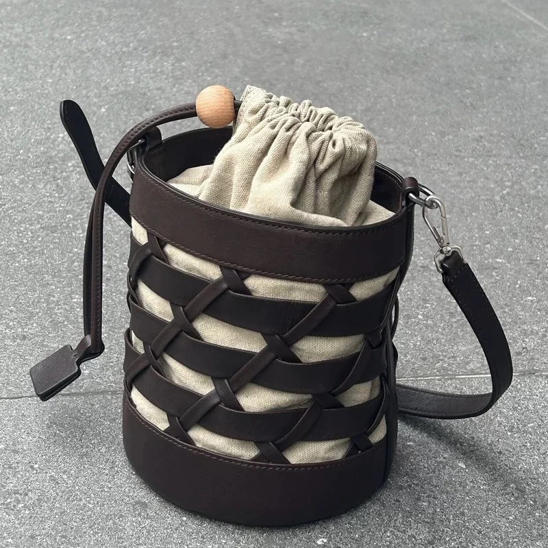 

Chinese Style Small Bucket Bags For Women Luxury Designer Handbags And Purses 2025 New In PU Hand Woven Hollow Underarm Shoulder