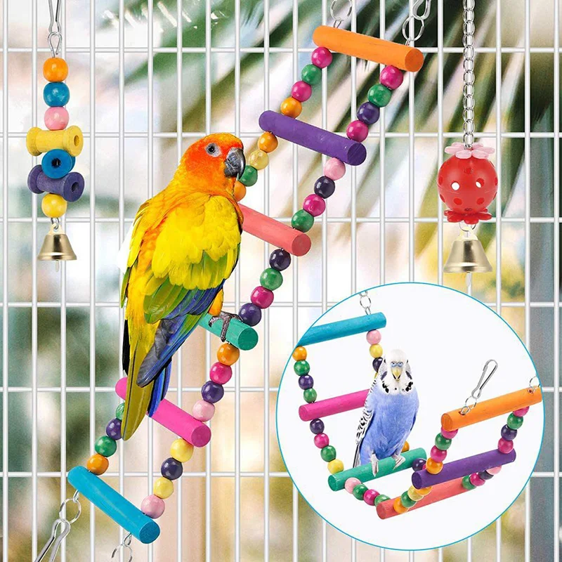 11pcs Bird Cage Toys For Parrots Wood Birds Swing Reliable Chewable Bite Bridge Wooden Beads Shape Parrot Toy Bird Toys New