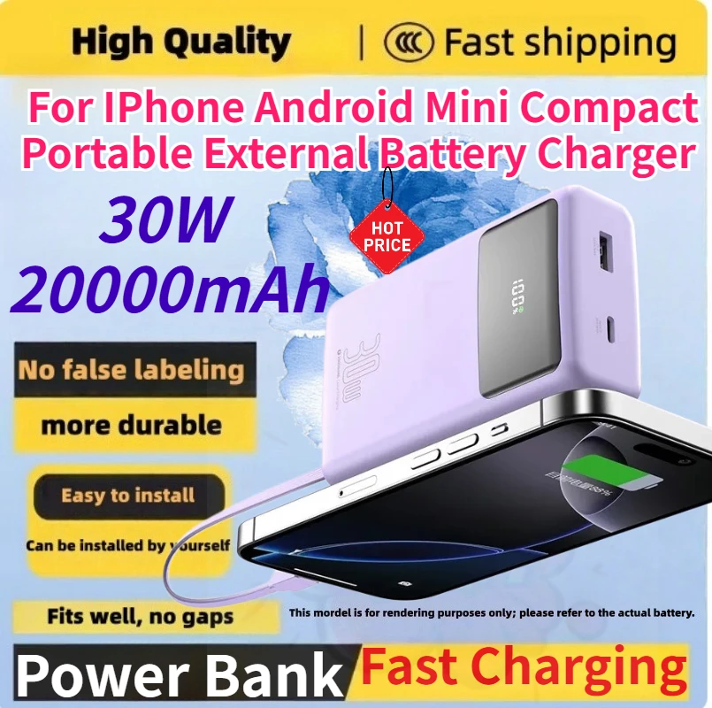 20000mAh 30W Power Bank Fast Charging Portable Charger Dual Cable External Battery Pack for IPhone Android