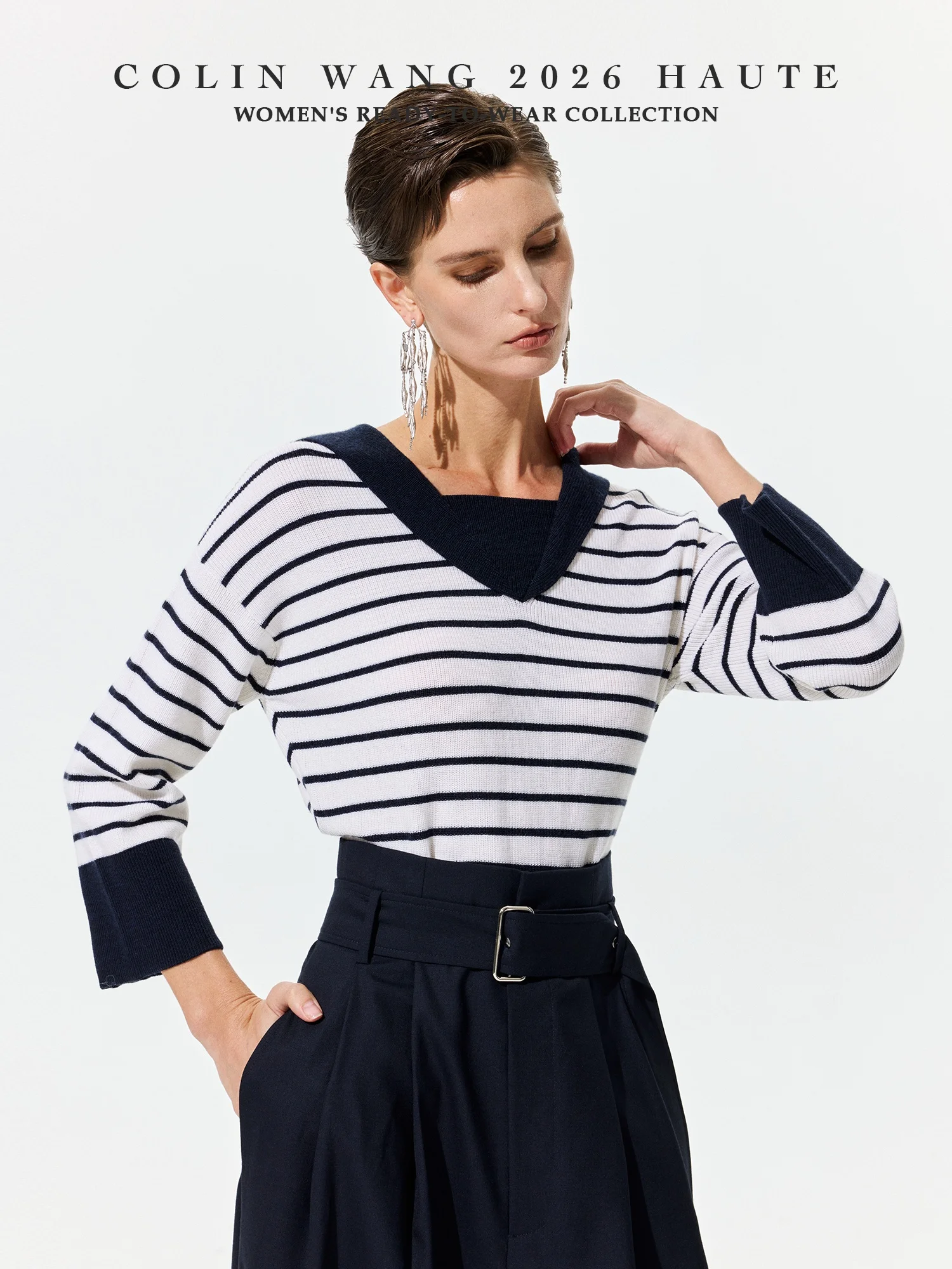 

Naval Style Striped Knitwear T-Shirt Fine Wool Color Block Navy Blue Women's Inner Wear Casual Fashion Spring Collection