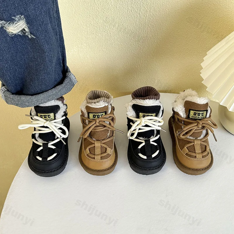 

Детские зимние ботинки, новые зимние легкие удобные хлопковые туфли на мягкой подошве для мальчиков, уличная нескользящая теплая обувь на шнуровке для девочек