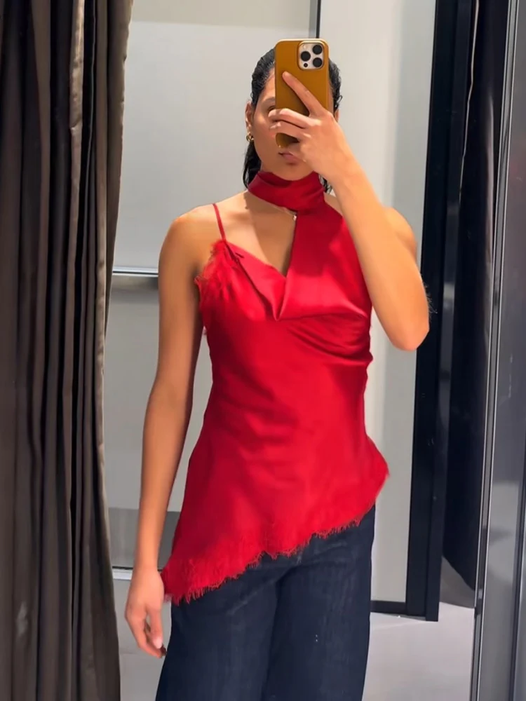 HH 2026 Summer Women's Red Hanging Neck Collar Party Tops Woman Sexy Sleeveless Backless Patchwork Lace Irregular Short Top